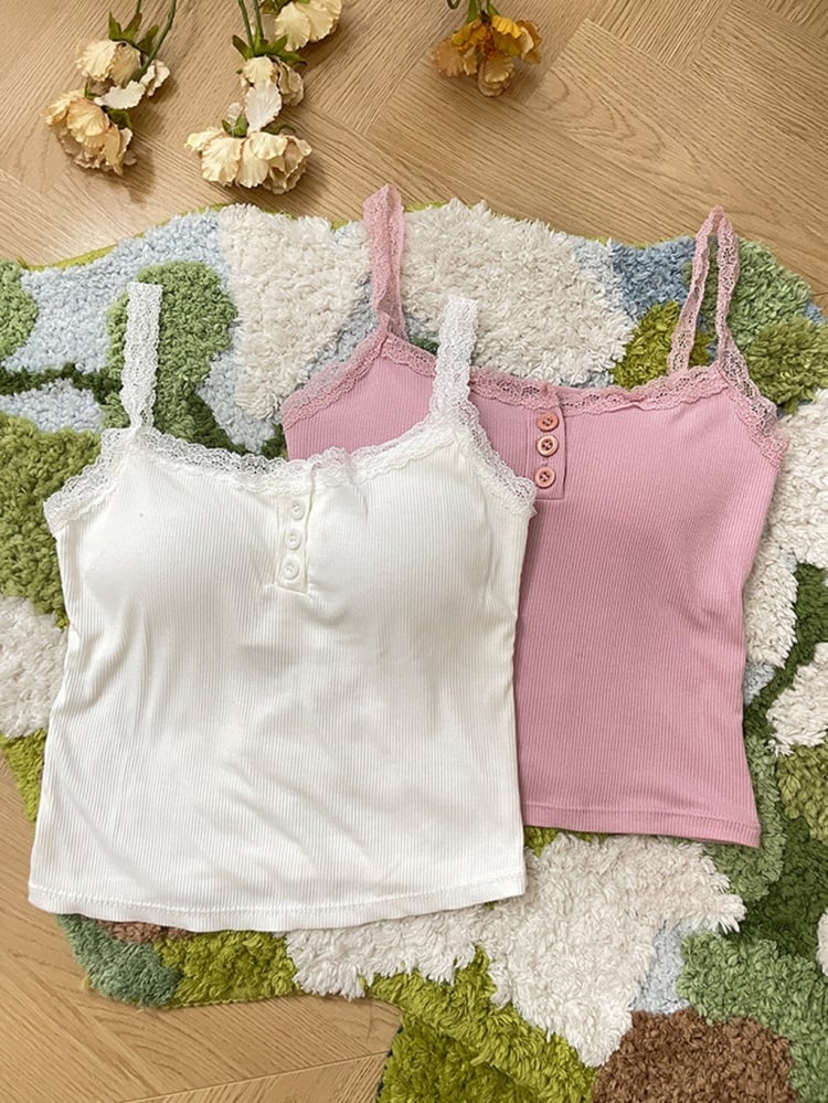 ホワイトピンクのレーストリムキャミソールトップ