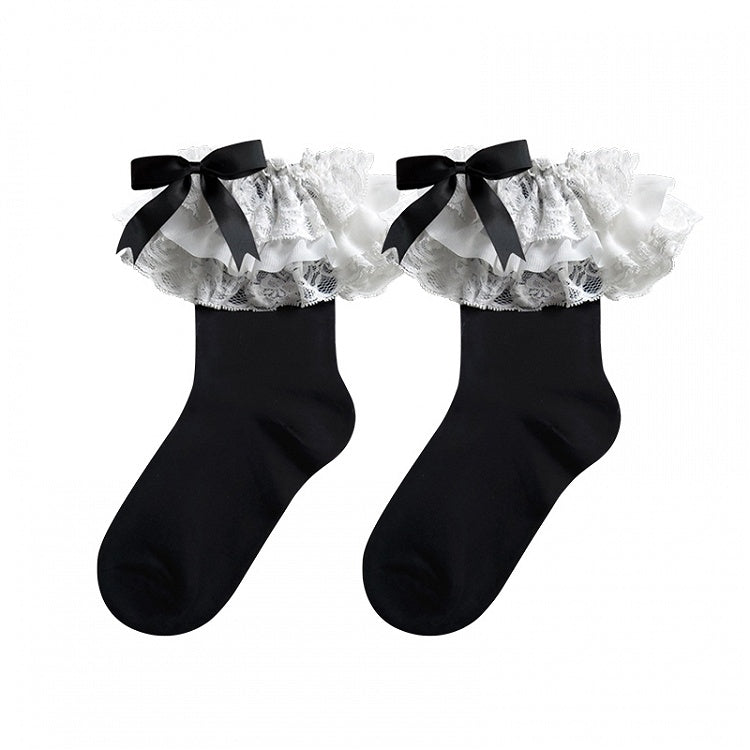Bow 3 Cotton Ruffle Lace Multi-Layer Colors Lolita Socks