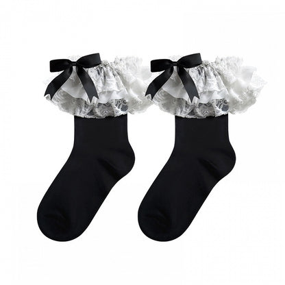 Bow 3 Cotton Ruffle Lace Multi-Layer Colors Lolita Socks