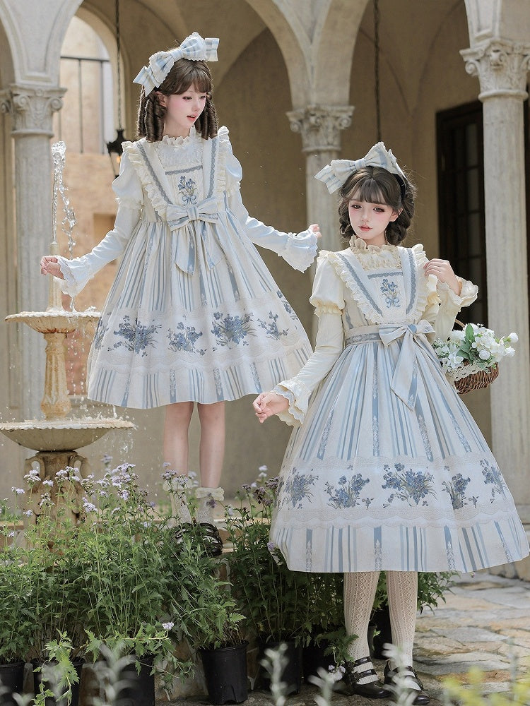 Blue & White Striped Floral Embroidered JSK Set with Knit Top, Belt & KC - With PUJI