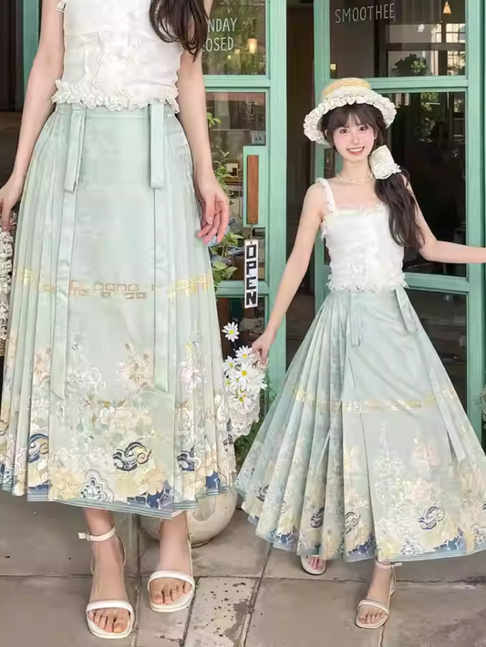 チャイナドレス ジャカード 馬の顔の刺繍 花柄 スカート グリーン プリーツ