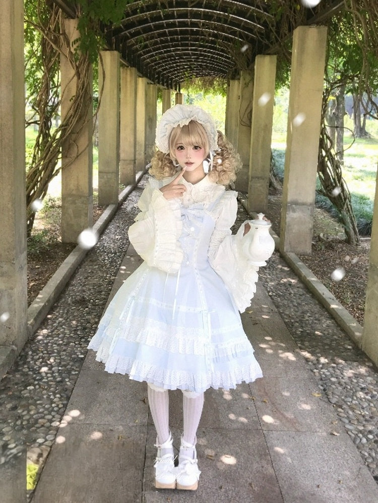 Snowfall-Themed Blue Cotton JSK Dress with Vintage Ruffle Accents