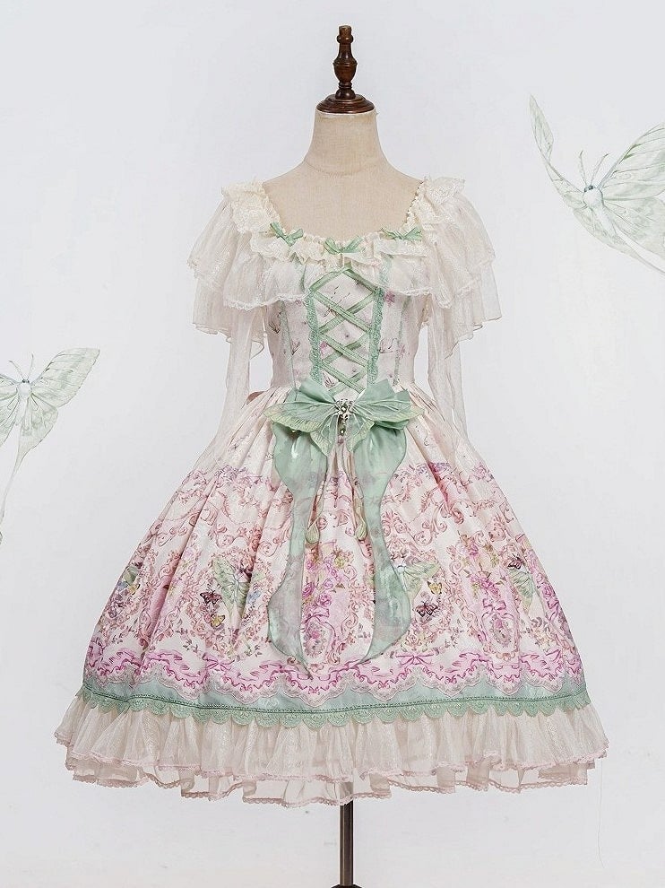 Floral Square Dress Lolita Elegant Moth Green and with Details Neckline Lace Pink Print