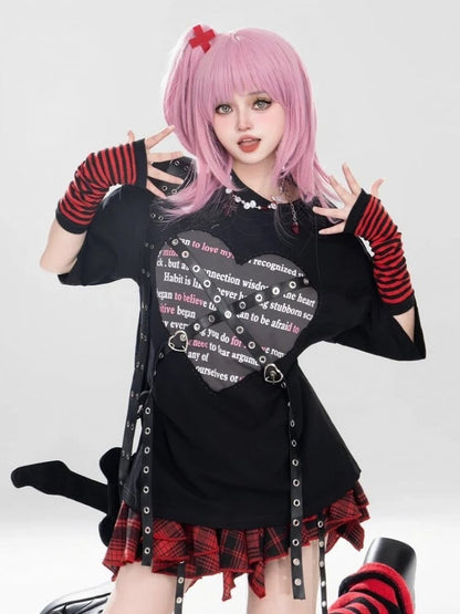 Straps + With Metal Grey Print Black Pleated Punk Top Red Buckle Heart Skirt Plaid