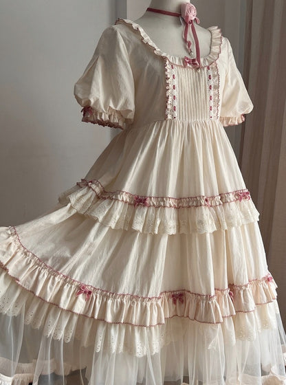 Cream Layered Ruffle High Waist Sweet Lolita Dress with Tulle Hem - Bodhi Original Design