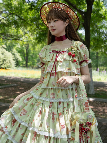 グリーンプリントフルーツサマーパフェトップス半袖