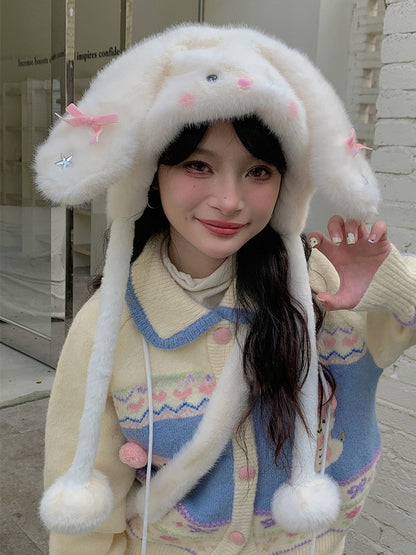 White Sweet Bunny Star Bowknot Plush Hat With Pompons
