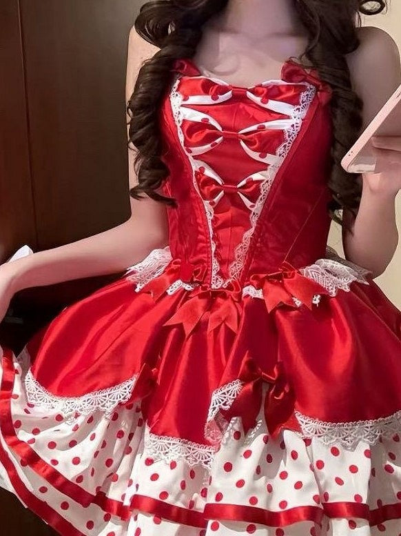 Lolita Fluffy Basque Dress Sweet Bow White Polka-dot with Pattern and Waist Red Accents