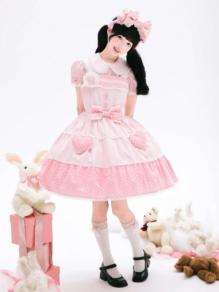 Baumwolle Alt Polka Pink Dots Schulkleid Lolita Weiß
