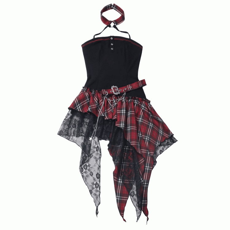 Rock Red/Black  White Plaid Mesh Strapless Dress Patches Handkerchief Hem Punk