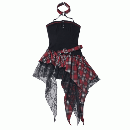 Rock Red/Black  White Plaid Mesh Strapless Dress Patches Handkerchief Hem Punk