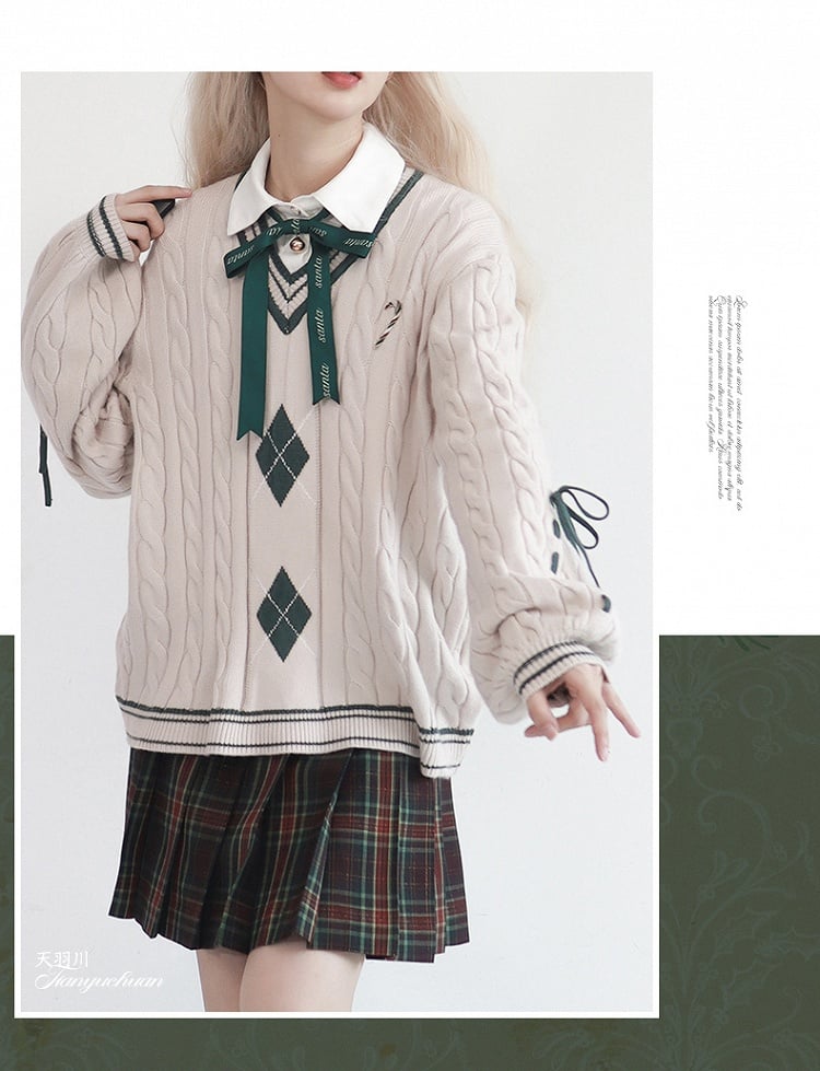 V-Neck White/Red Candy Embroidery with Pattern Sweater and Diamond Preppy