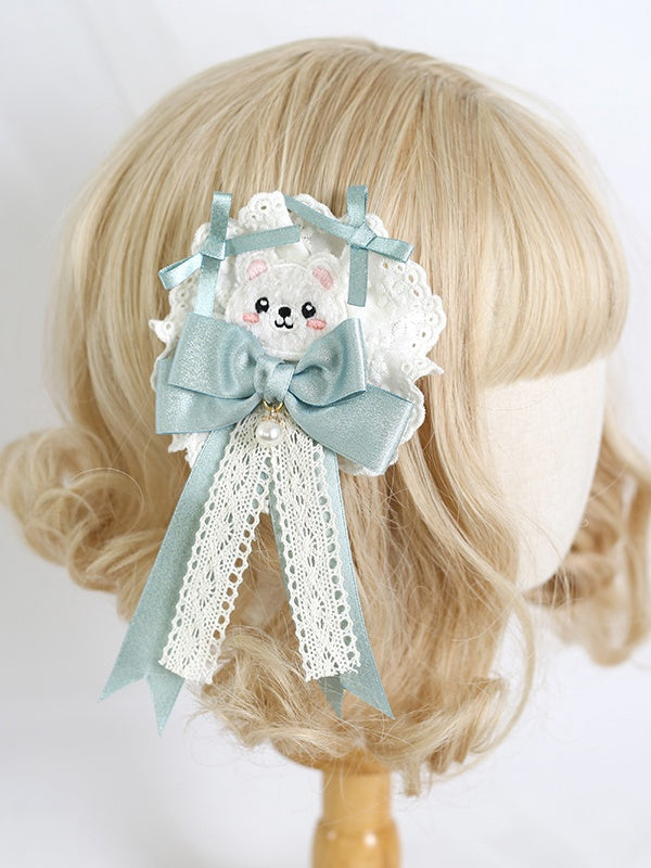Pink Bow Hairclip / Green Coffee Adorable Sweet Lolita Bear Lace