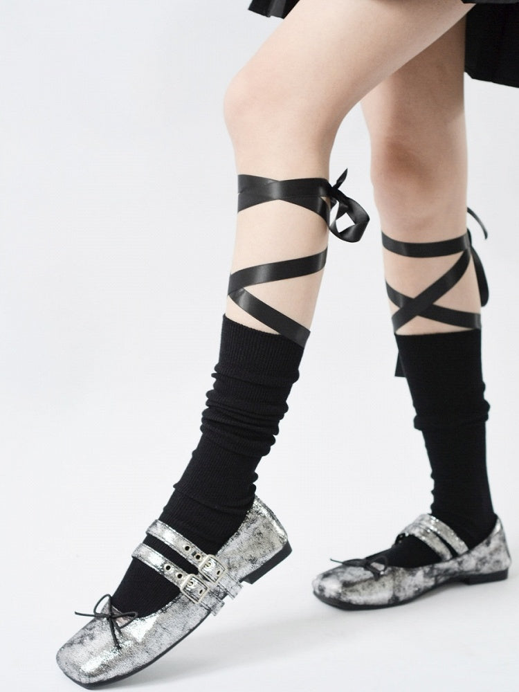 Calf Strappy Ballet-Style Design White/Black Bowknot Socks