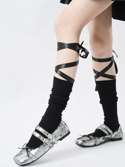 Calf Strappy Ballet-Style Design White/Black Bowknot Socks