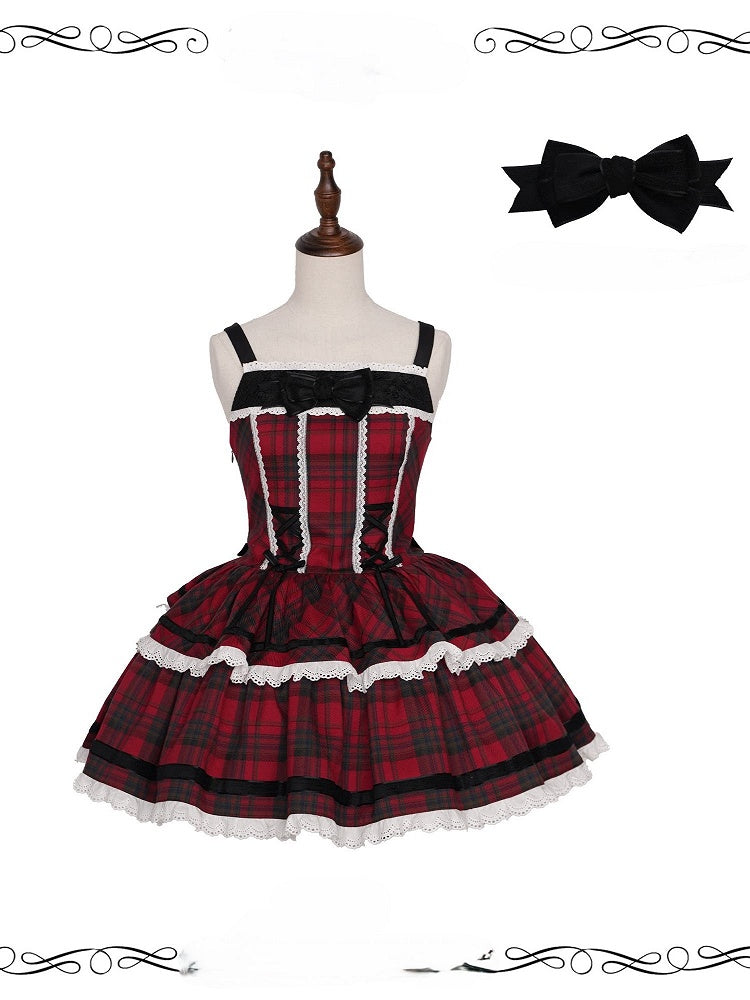 Red and Black Plaid Lace-Up Short JSK Gown with Bowknot Brooch - iris de nuit