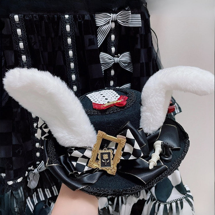 Decorated Ears Hat BlackWhite Bowknot Mini Bunny