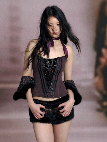 Design Dusty Halter with Purple Top Back Neck Lace-Up