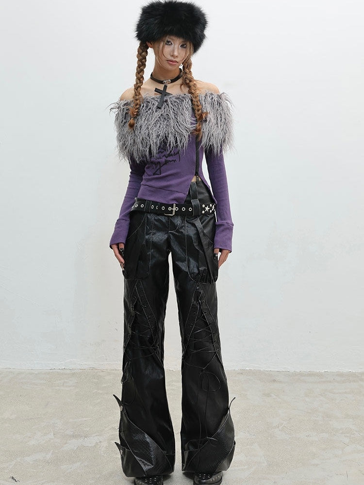 PU Punk Rock Black with Lace-Up Details Pants