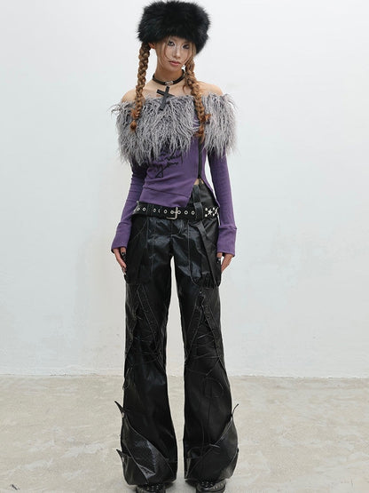 PU Punk Rock Black with Lace-Up Details Pants