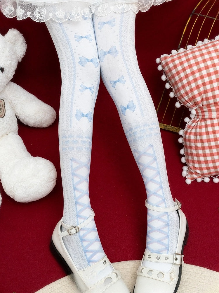 赤/黒のスイートロリータ蝶結びハートプリントタイツ