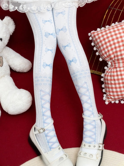 赤/黒のスイートロリータ蝶結びハートプリントタイツ