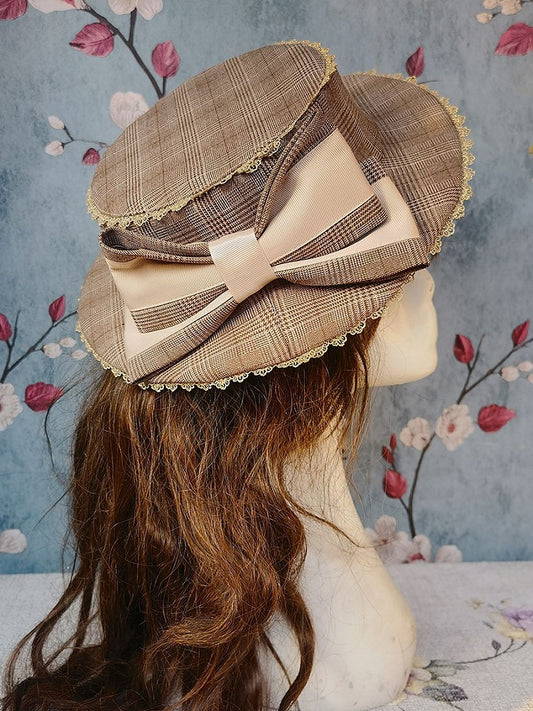 Plaid Hat and Trim Lace Bow Brown/Blue Lolita Large with