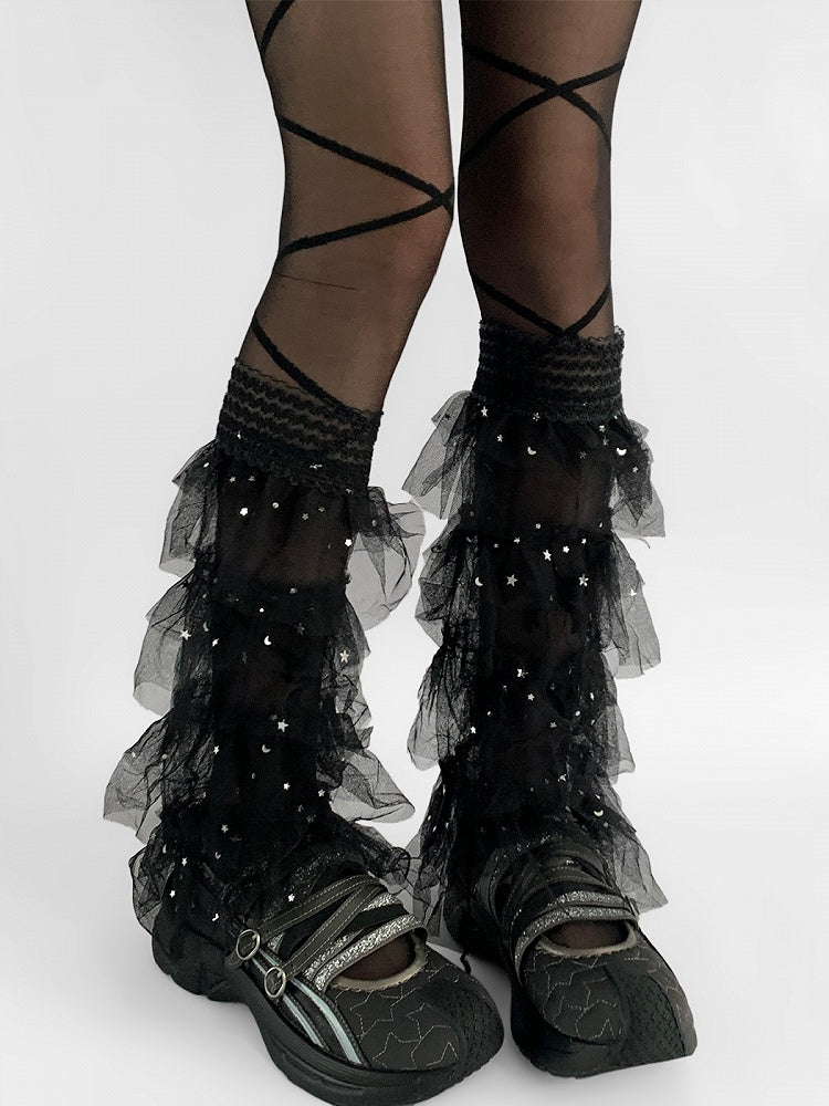 Lace Moon Leg Y2K Details And Trim Tiered White/Black Sleeves Star