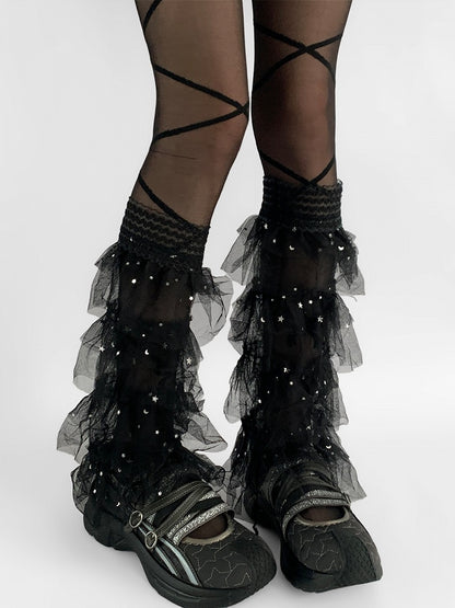 Lace Moon Leg Y2K Details And Trim Tiered White/Black Sleeves Star