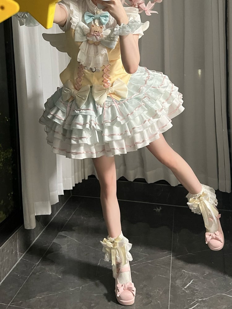 Bear Angel Lolita Full Set: Short-Sleeve Top, Ruffle Skirt, Wings & Bow - Sweet Dream Box