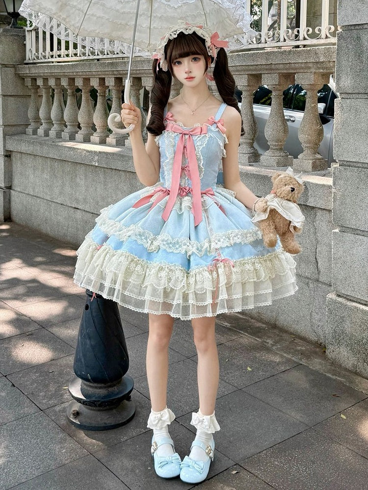 Blue Dress Bowknots Sweet Skirt Balletcore Lolita Jumper Decorated
