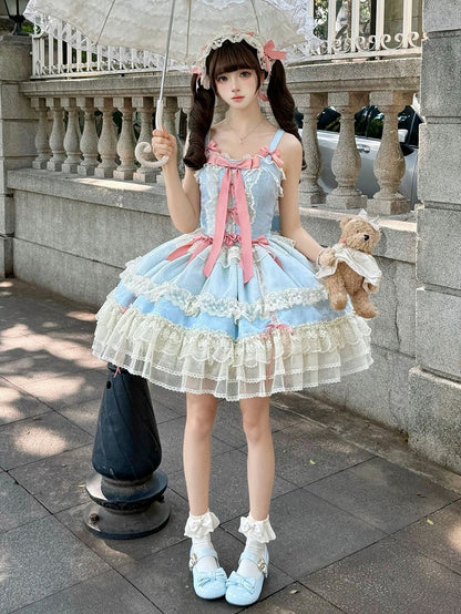 Jumper Bowknots Süßes Kleid Verziert Blau Lolita Balletcore Rock