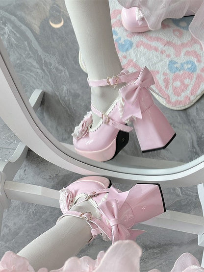 Mary Lace-Adorned Top Pink Janes at Lolita Heart with Elegant Fastener Bow