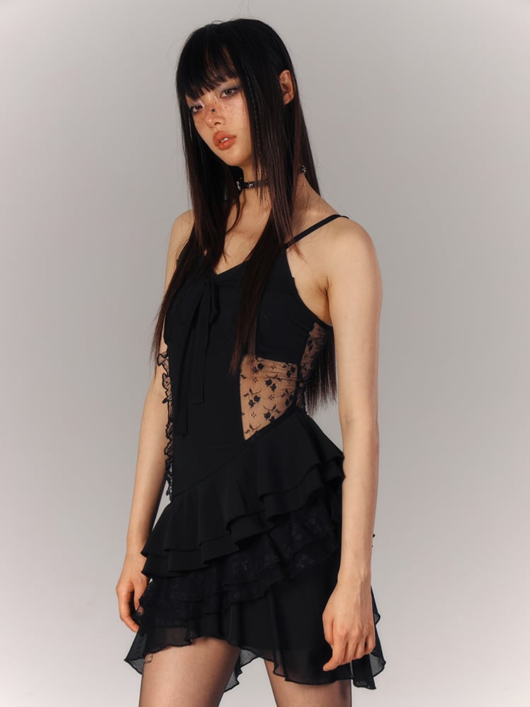 Short Tulle Black Floral Tiered Gothic with Dress Asymmetric Slip Hem Embroidery