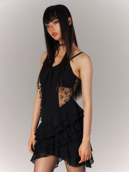 Short Tulle Black Floral Tiered Gothic with Dress Asymmetric Slip Hem Embroidery
