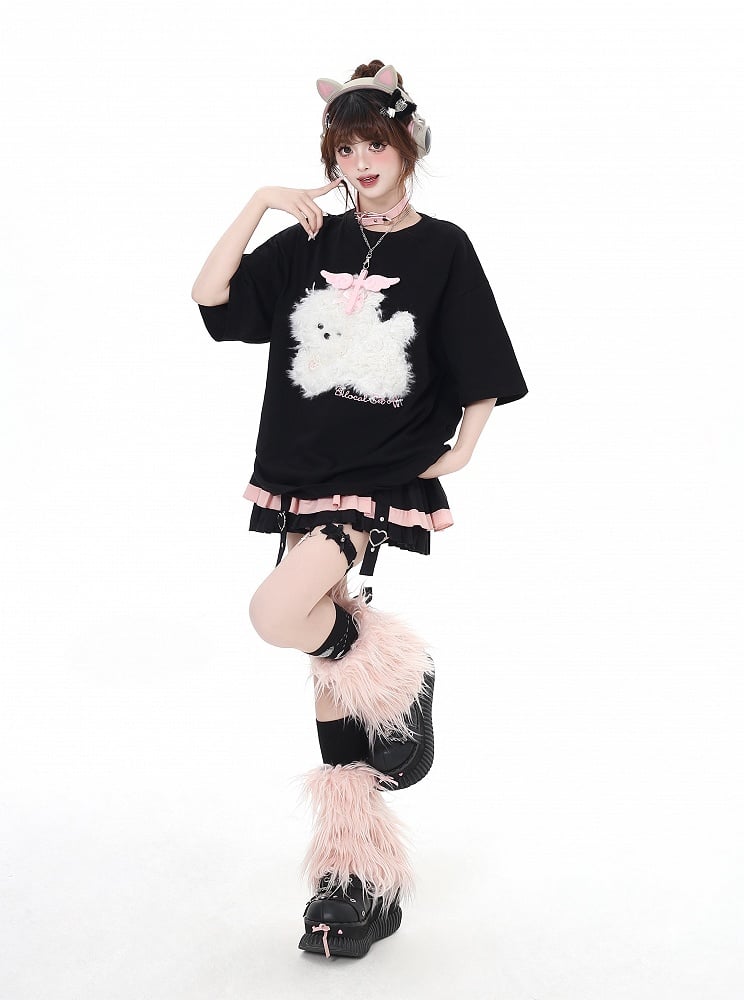 Black/Light Blue/Light Gray Plush Puppy Applique Loose T-Shirt