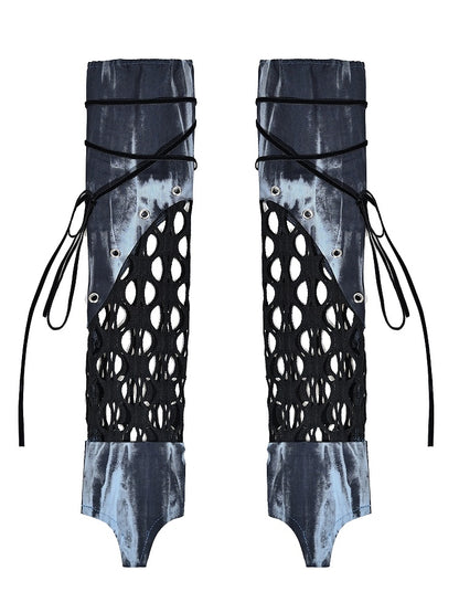 Patchwork Mesh Sleeves Punk Rock Blue Tie Dye Edgy - Virtual Orbit