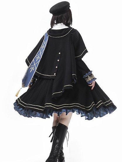 Detail Black Asymmetrical and Blue with Sash Cape Tassel