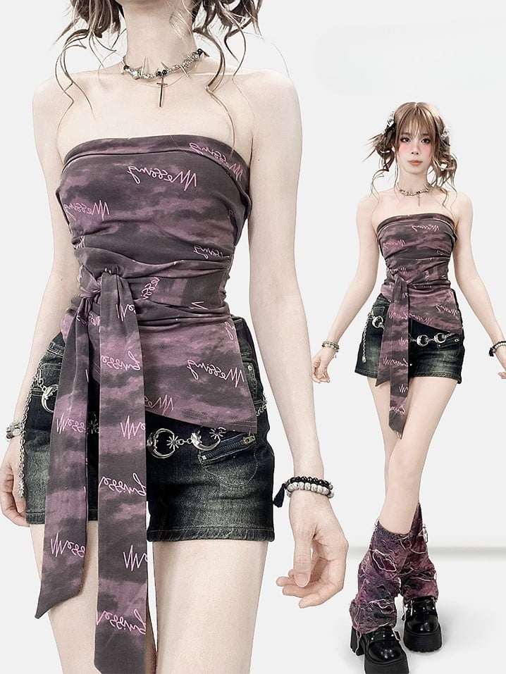 Lila Dye Strap Saum Top Y2K Asymmetrische Bittersüße Tube Selbstbinden Krawatte