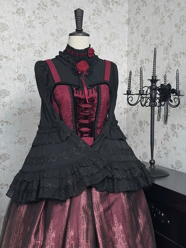 Lolita Dress Cathedral Drapery Waist JSK Burgundy with Gothic Print Velvet and