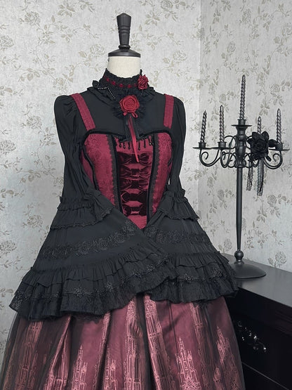 Lolita Dress Cathedral Drapery Waist JSK Burgundy with Gothic Print Velvet and