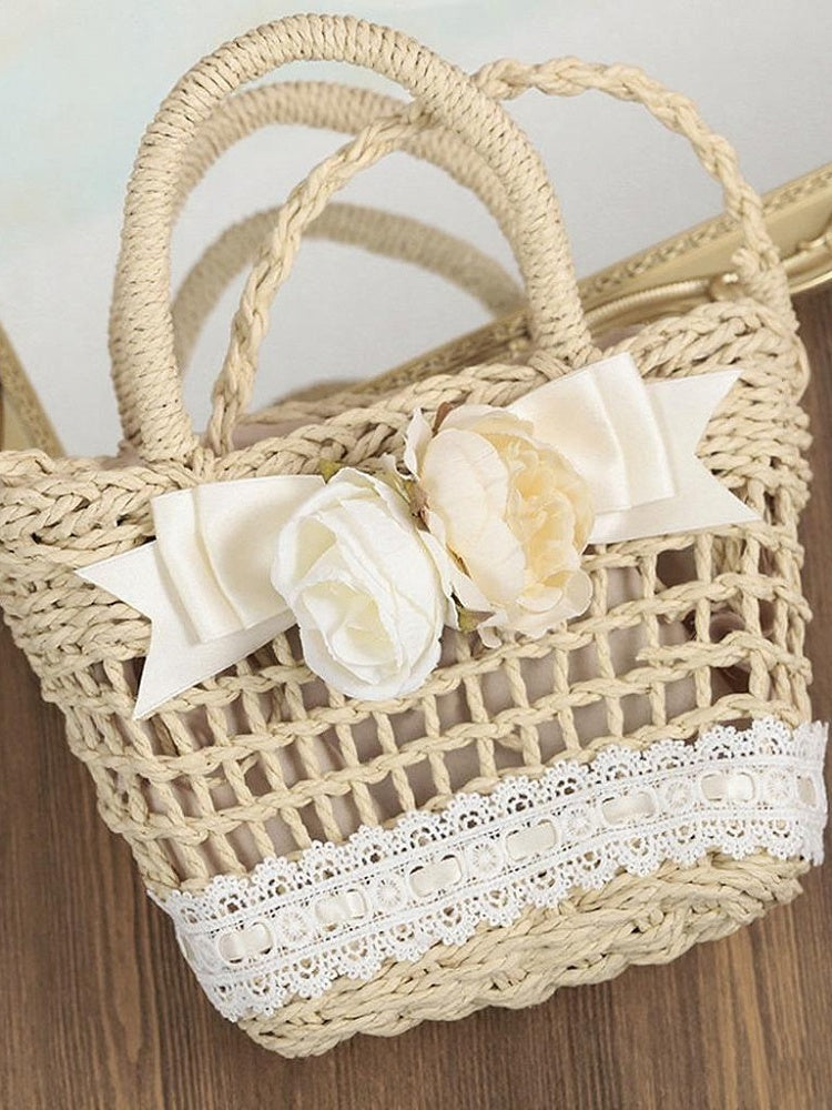 4 options de sacs à main fleuris en paille, nœud, Lolita, champêtre