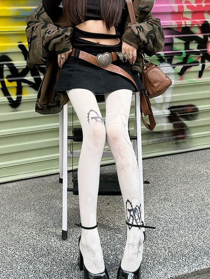 ホワイト 100D パンクプリントタイツ