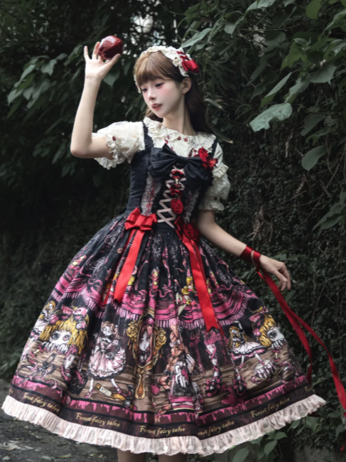 Pink Black Apple Embroidery Bow JSK Dress with Red Shoes Story - Forest Fairy Tales