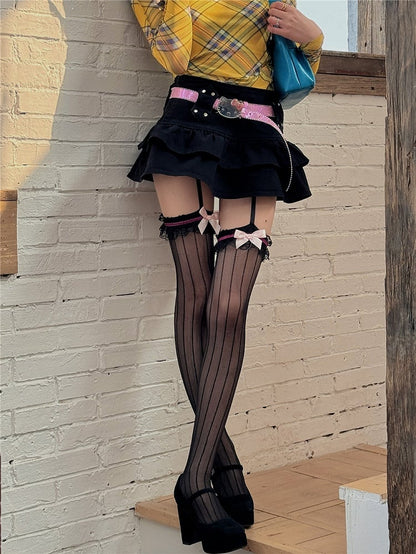 Lace Pattern Striped Suspender Tights Pink Black Bowknot Details