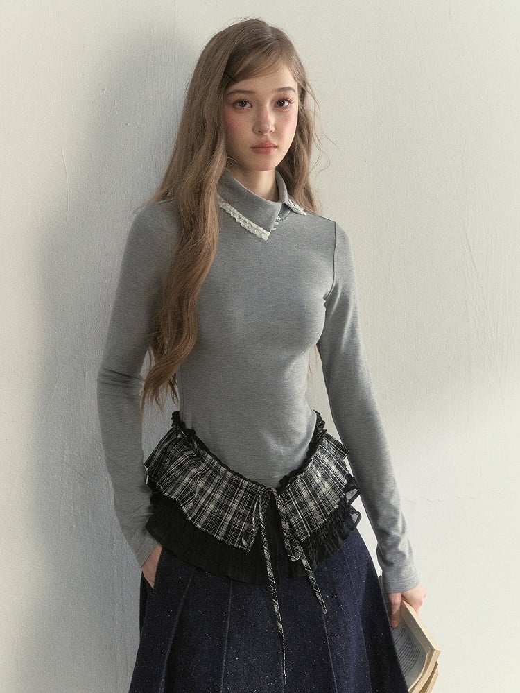 Ruffled and with Asymmetrical Design Long Gray T-Shirt Vintage Sleeve Collar