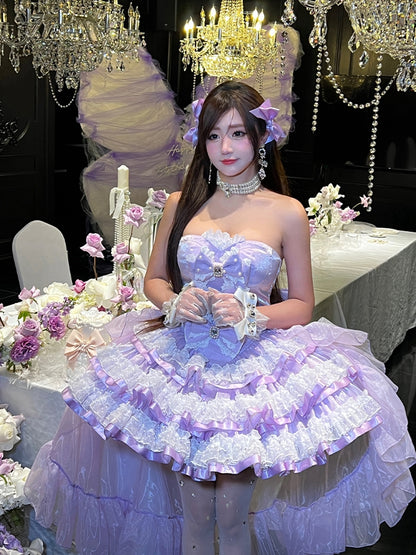 Purple Bows Decorated Bodice Sweet Layered Skirt Princess Birthday Strapless Dress