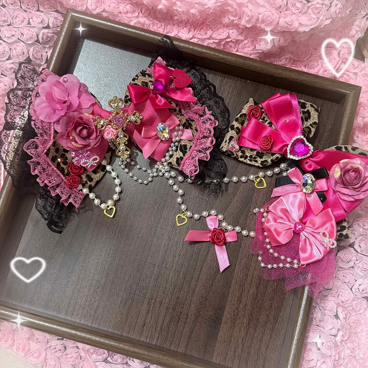 Gyaru Hime Headpiece Rose Leopard Pink with Fashion Print -