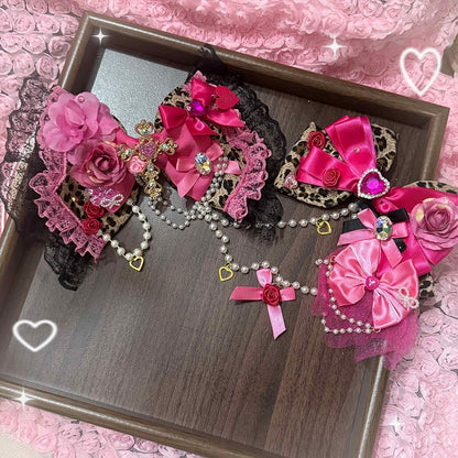 Gyaru Hime Headpiece Rose Leopard Pink with Fashion Print -