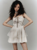 Punk Slip Crisscross Dress Lacing Tiered White with Tulle Skirt Distressed
